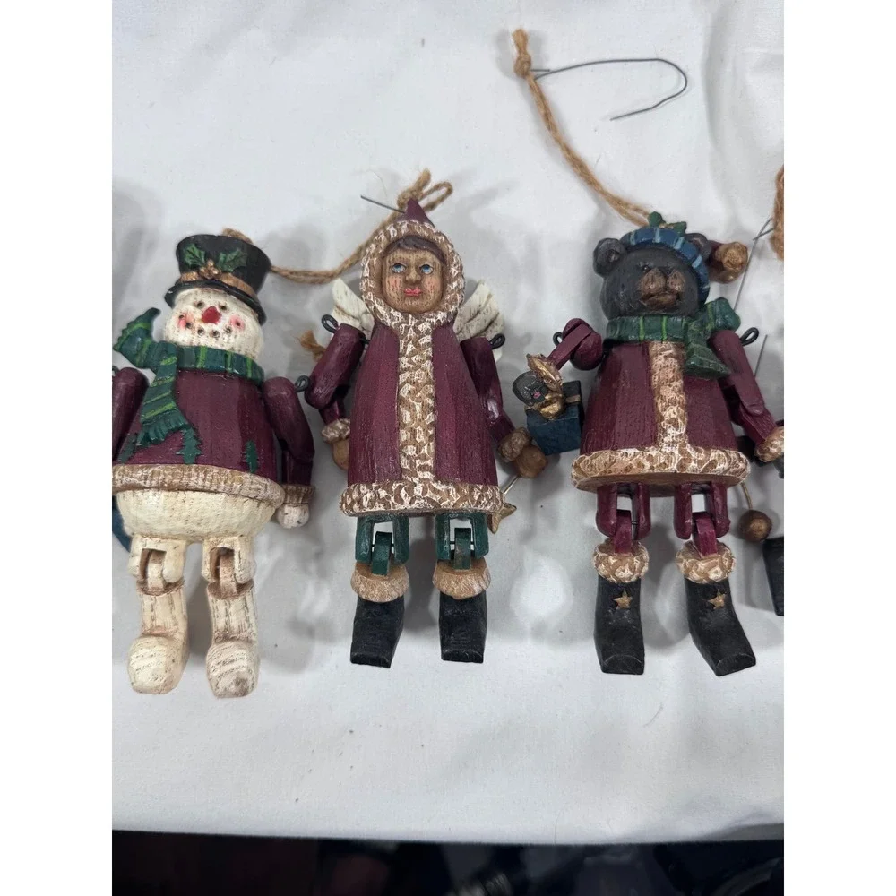 Set of 8 Rustic Faux Wood Resin Christmas Ornaments Articulated Hanging Figures